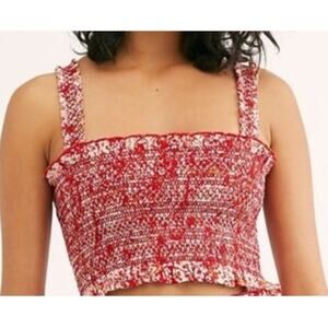 Free People Red Printed Smocked Cropped Tank Top